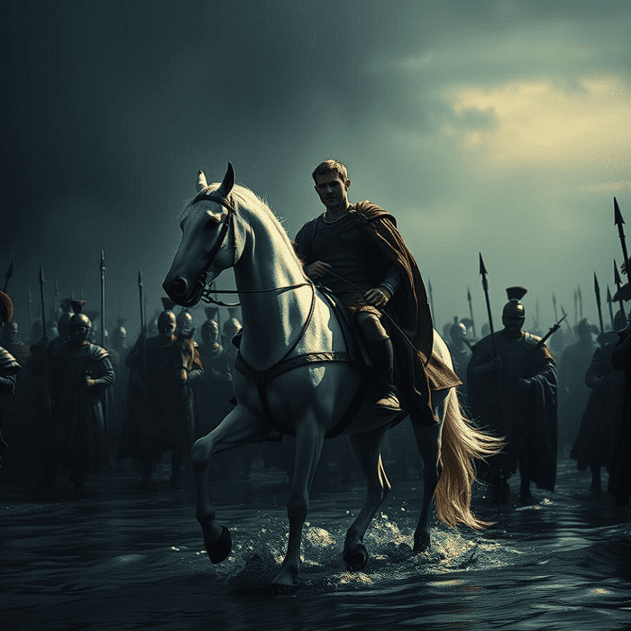 Julius Caesar at the Rubicon during the night, the moment of decision